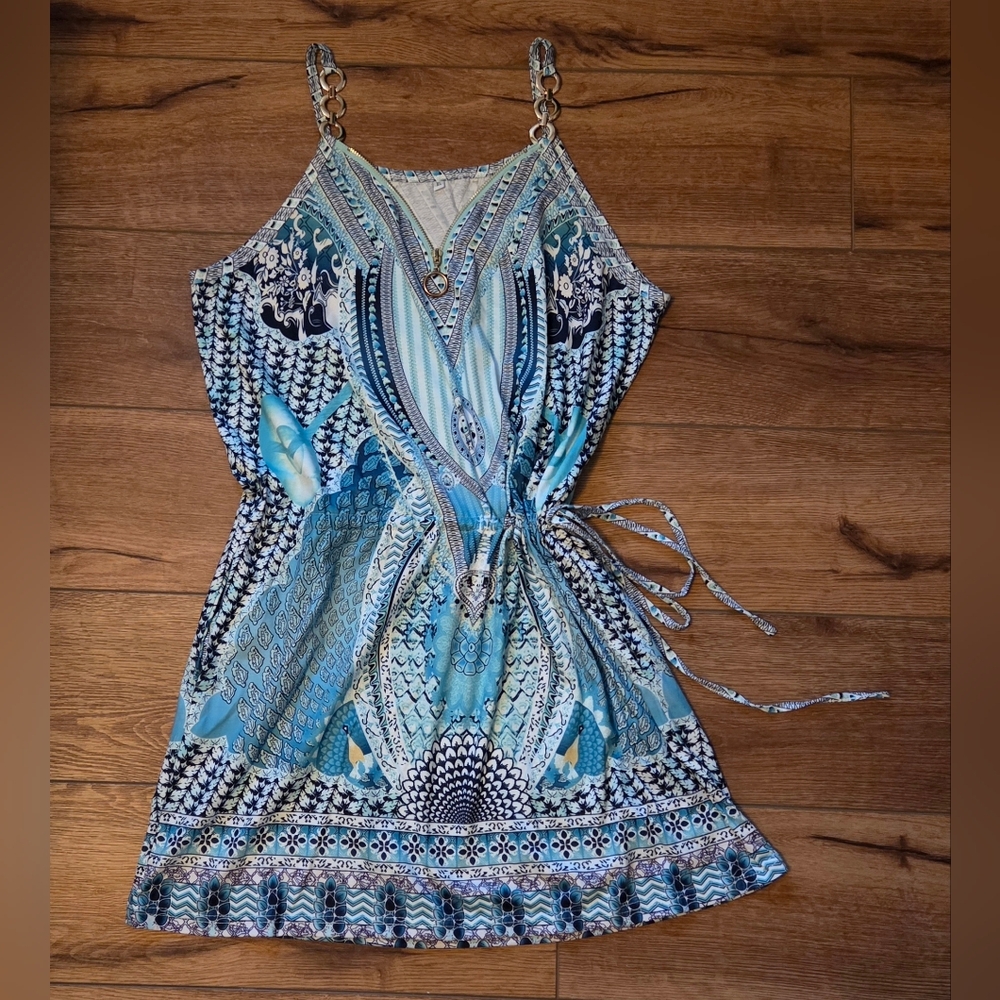 Teal/Blue Patterned Women's Lightweight Dress with Gold Accents